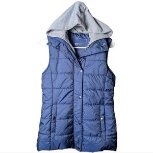 Arizona Women's S Blue Puffer Vest Gray Hood Zipper Button Up Pockets Like New